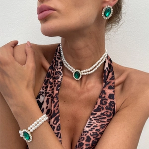 Vintage Faux Artificial Pearl Jewelry Oval Rhinestone Inlaid Double Layer Necklace Earrings Bracelet For Women Elegant Accessory