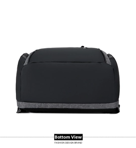 Detail view showing the flat reinforced bottom of this large black laptop backpack