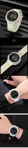 Detail of waterproof digital watch with cream strap and orange buttons for outdoor sports