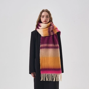 Soft striped oversized acrylic cashmere scarf with tassels in pink, purple and orange colors
