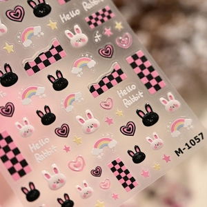 Y2K checkerboard heart nail stickers with rabbit designs, model M-1057 set