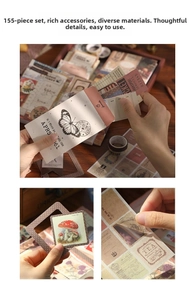 Detailed view of 155pcs vintage scrapbooking kit featuring floral stickers and retro paper