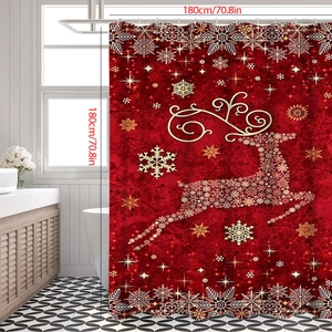 Christmas shower curtain with red reindeer pattern and snowflake decor in 180cm size