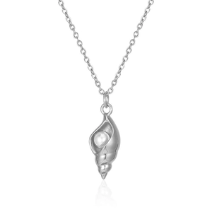 Minimalist silver conch shell pendant necklace with a round white pearl on a fine O-chain