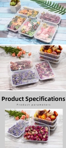 Macro shot of assorted colorful dried flowers in a transparent gift box for DIY crafts