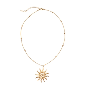 Golden stainless steel sun pendant necklace with spiral texture and small gold beads