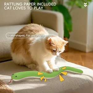 Catnip snake toy with crinkle paper and green stripe fabric for indoor cat play