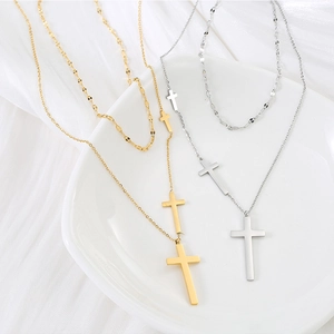 Double layer titanium steel cross necklace for women in gold and silver finishes