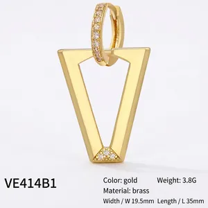 Minimalist gold brass V-shaped geometric drop earrings with sparkling diamond accents