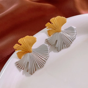 Detail of two-tone gold and silver ginkgo leaf earrings with fine radial texture