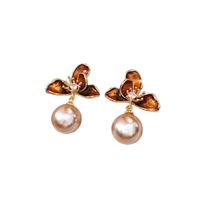 Elegant gold plated flower earrings with amber petals and champagne pearl pendants