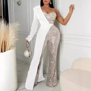 Silver sequin jumpsuit for women with white asymmetric blazer lapel and one-shoulder detail