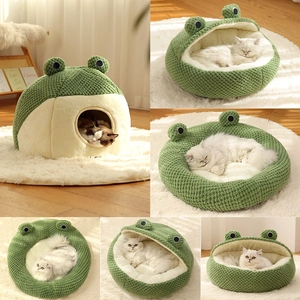 Versatile 2-in-1 green frog pet cave with soft knit exterior and plush warm lining