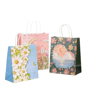 Artistic oil painting style floral kraft paper gift bags with white handles set of three