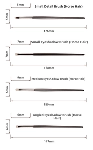 Detailed size specifications for horse hair eyeshadow and precision eyeliner brushes