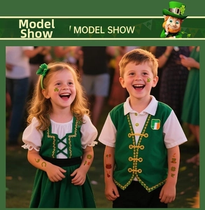 Outdoor shot of kids in Saint Patrick's Day outfits featuring green vests and clover motifs