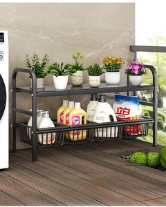 Detail of double-layer black metal organizer with breathable mesh baskets for balcony storage