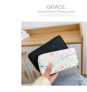 Detail showing laser geometric pattern and zipper on black and white long wallets