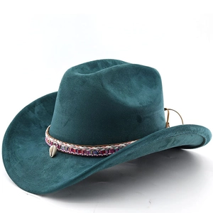 Western Cowboy Hat Suede Felt Wide Brim Ethnic Woven Band Shell Pendant Bohemian Vintage Outdoor Sun Protection Style