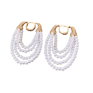 Elegant vintage gold zircon earrings with four-layer white round pearl dangles on white