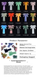 Macro detail of various natural gemstone coconut tree pendants with size dimensions