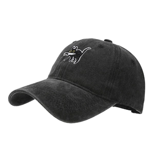 Vintage washed black cotton baseball cap with unique creative black cat biting knife embroidery