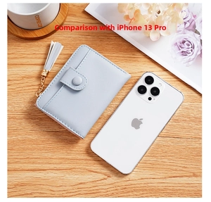 Mini light blue wallet with white tassel and gold chain next to a phone for size comparison