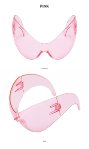 Front and side view of Y2K futuristic wrap-around oversized pink sunglasses
