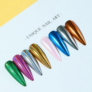 8 colors of solid aurora chrome nail powder with holographic and metallic mirror effects