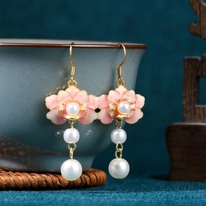 Chinese enamel butterfly earrings with pink gradient petals and hanging white pearls