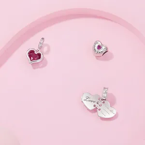 925 silver heart charm beads with red zircon and forever family engraving for DIY bracelets