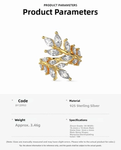 Detailed view of S925 sterling silver ring with marquise zircon leaves and 18K gold plating