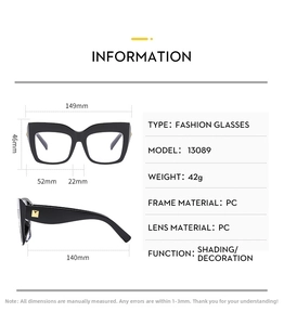 Detailed size chart for oversized cat-eye blue light blocking glasses with dimensions