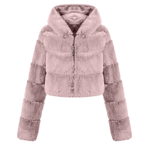 Detailed texture of pink faux fur coat featuring a metallic ring zipper and hood