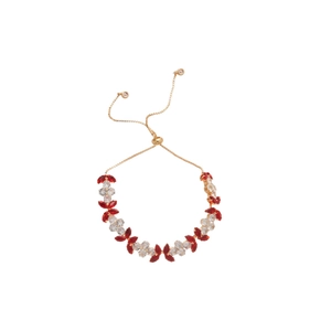 Elegant gold flower bracelet featuring red and clear marquise zircon stones and slide clasp