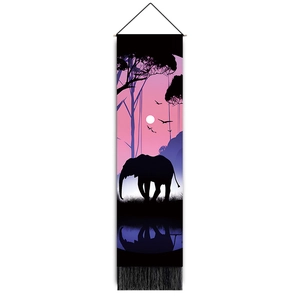 Detailed close-up of elephant and forest silhouette tapestry with sunset purple gradients