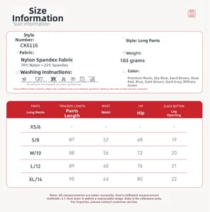 Size chart for high-waisted yoga pants with fabric specs and multi-color options available
