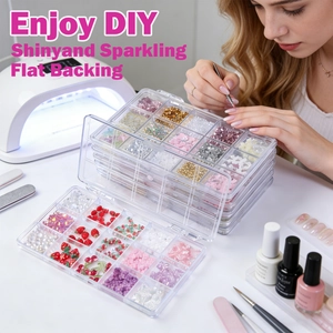 15-compartment nail art set with colorful resin charms, strawberries and rhinestones