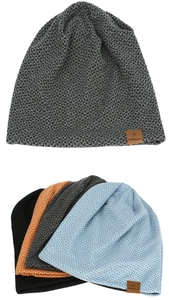 Detail showing knit checkerboard beanies in grey, black, orange, and light blue colors