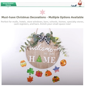 Detail of wooden welcome sign with interchangeable holiday icons and eucalyptus greenery