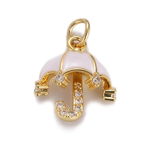 Macro shot of 18K gold plated umbrella charm with white enamel and sparkling zircon accents