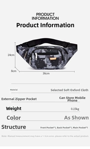 Detailed size chart for the waterproof camo waist bag with multi-pocket storage layout