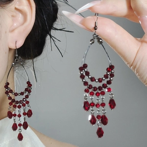 Vintage dark red crystal bead tassel earrings with gunmetal water drop frames