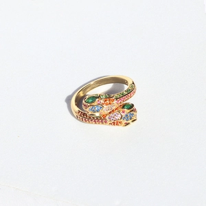 Detailed close-up of double snake head ring featuring vibrant multi-color pavé gemstones