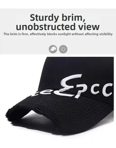Close-up of vintage black cotton baseball cap with Epcc embroidery and distressed brim