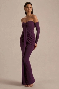 Detail of purple ruched evening dress with bandeau neckline and matching long sleeves