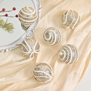 Set of 6 gold glitter Christmas balls with white braided lace and pearl accents