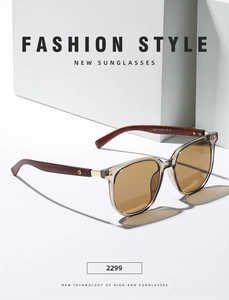 Detail of square tea sunglasses model 2299 with wood grain temples and metal rivets