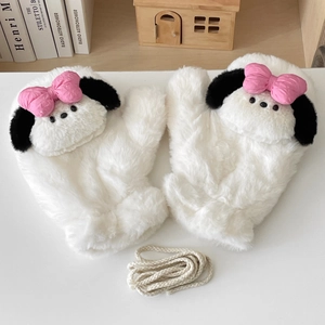 Macro detail of white plush mittens with pink bow accents and neck cord attachment