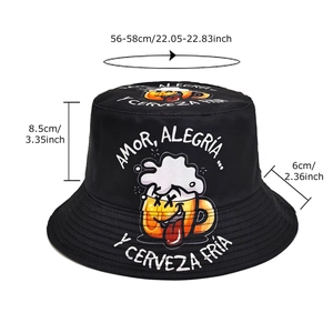 Cappello da pescatore nero in cotone con stampa di birra e slogan per feste estive